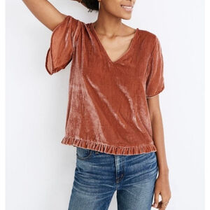Madewell Velvet Top XL Burnt Orange Tulip Sleeve Ruffle Hem Boho